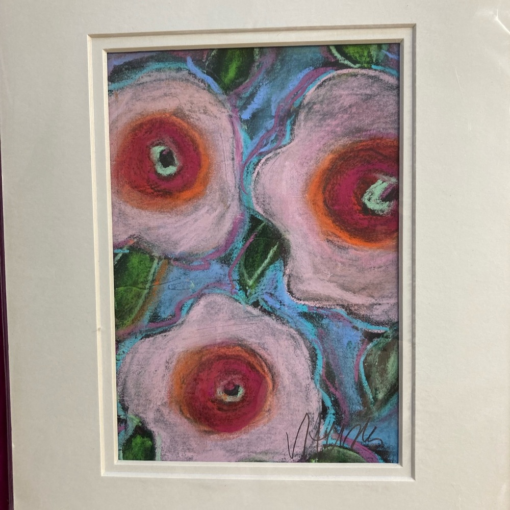 Pink Flowers On Blue “An Original Pastel Painting Matted 5"x7"Handmade